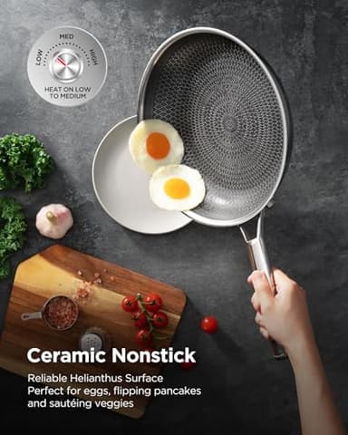 Roomena Nonstick Frying Pan Set with two Lid, Non-Toxic Tri-Ply Hybrid Ceramic Skillet three Piece, 8, 10 & 12 Inch Stainless Steel Pans, PFAS/PFOA/PTFE Free, Oven Safe, Induction Compatible - Image 7