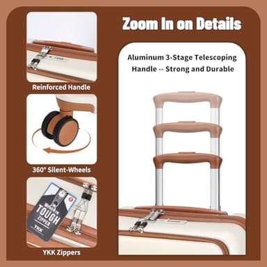 WireHot 2 Piece Luggage Sets with Spinner Wheels Front Open Pocket, ABS+PC Suitcase with TSA Lock & YKK Zipper, Carry On 20/24 inch Medium +Toiletry Bag+Handbag, Apricot Off White - Image 6