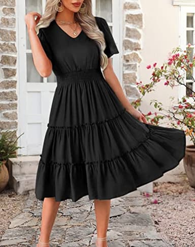 Zattcas Women 2025 Sping Summer Dress Short Sleeve V Neck Smocked Casual Flowy A Line Tiered Modest Teacher Work Graduation Wedding Guest Midi Dress Black M - Image 2