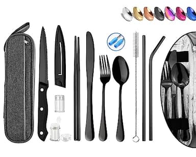Stainless Steel Portable Reusable Travel Utensils with Case - Flatware Cutlery Set, Chopsticks, Straw - Black - Image 1