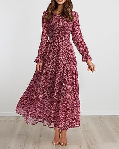 BTFBM Women Casual Long Sleeve Crew Neck Fall Dress Bohemian Relaxed Fit Floral Flowy Maxi Dresses Tiered Cocktail Dress(Floral Red White,Medium) - Image 2