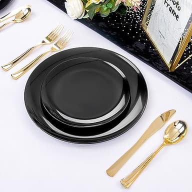 PULOTE 100PCS Black Plastic Plates Disposable - Premium Heavy Duty 50 Black Dinner, 50 Dessert/Salad Plates - Ideal for Party, Halloween - Image 6