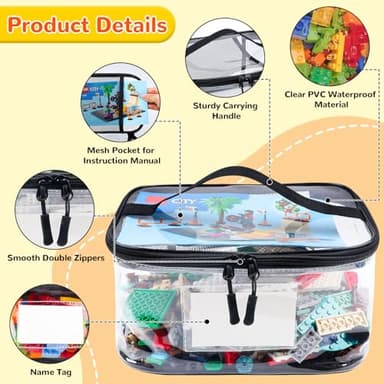 Tesuko 6 Pack Clear Toy Storage Bag with Name Tag& Manual Pocket, Waterproof Transparent PVC Toy Organizer Case for Lego Bricks, Board Games, Building Blocks, Puzzles (Large Capacity, Black) - Image 4