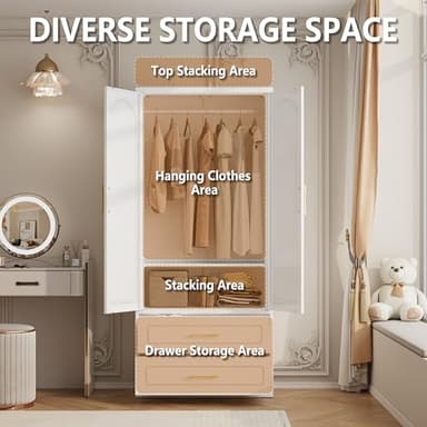 Polup Metal Armoire Wardrobe Closet witih Two Drawers, 71" Tall Large Wardrobe Cabinet with Hanging Rod, Clothing Storage Cabinet with Doors and Shelves for Bedroom, White, Assemble Required - Image 5