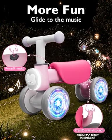 Colorful Lighting Baby Balance Bike for 1 Year Old Girls, Toddler Toys for 1 Year Old Girls Gifts, First Bike with Music and Soft Seat, 12-24 Month Toddler Balance Bike, First Birthday Gifts - Image 3