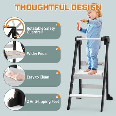 Taleco Gear Foldable Toddler Kitchen Stool Helper, Tower with 3 Adjustable Height, Wooden Toddler Step Stool, Collapsible Tower, Kids Stool for Kitchen and Bathroom - Image 3