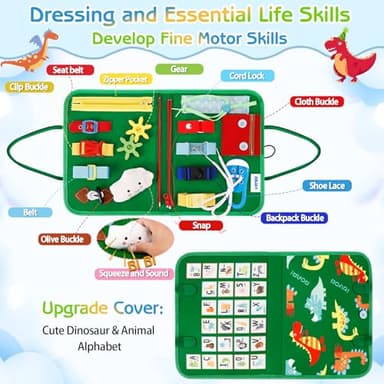 Esjay Toddler Busy Board Montessori Toys, Sensory Board Educational Activities for Learning Fine Motor Skills, Gifts for Girls Boys Toddlers, Travel Toys for Airplane Car,Green Dinosaur - Image 2