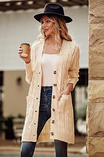PRETTYGARDEN Long Sleeve Cable Knit Long Cardigan for Women 2025 Fall Winter Chunky Open Front Button Sweaters with Pockets (Off White, Small) - Image 2