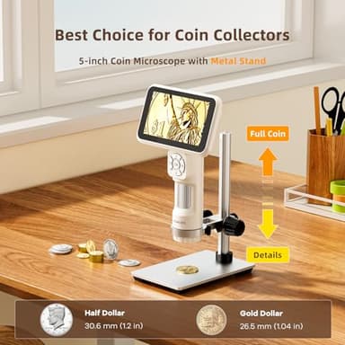 LM115 LCD Digital Coin Microscope for Adults and Kids, 5'' Handheld USB Coin Magnifier with Screen, Anti-Shake, Portable 12MP Microscope Camera with 8 LED Lights, PC View, Metal Stand, 1080P Video - Image 2