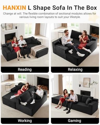 Cloud Sectional Couch,105 Inch Modular Sectional Sofa with Deep Seat,Modern Corduroy Boneless Couches with L-Shape Chaise for Living Room Bedroom,No Assembly Required (Black, Right Facing Chaise) - Image 3
