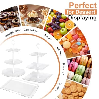 10 Pcs Cake Stand White Plastic Dessert Table Display Set 4 Pcs 3 Tired Cupcake Stand Cookie Tray Rack Serving Tray Cake Display Tower and 6 Pcs Dessert Trays for Wedding Baby Shower Tea Party (White) - Image 7