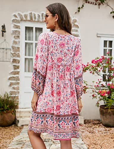 Bluetime Women Beach Casual V Neck Dress 3/4 Sleeve Summer Floral Dress Loose Plus Size Boho Dresses (XXL, Pink) - Image 5