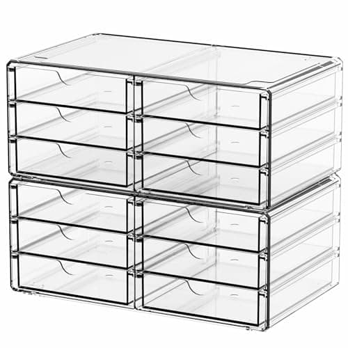 Yieach 2 Pack Acrylic Storage Drawers With 12 Small Drawer,Stackable Office Cabinet Organizer and Makeup Organizer,Clear Plastic Drawers for Craft Supply,Pen,Stationary,Accessory,Makeup,Desk Organizer - Image 1