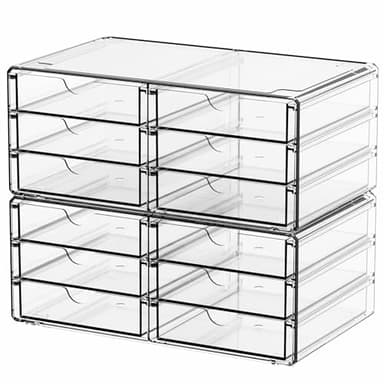 Yieach 2 Pack Acrylic Storage Drawers With 12 Small Drawer,Stackable Office Cabinet Organizer and Makeup Organizer,Clear Plastic Drawers for Craft Supply,Pen,Stationary,Accessory,Makeup,Desk Organizer - Image 1