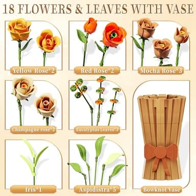 Flowers Set with Vase for Adults Compatible with Lego Flowers, Icon Roses Bouquet Botanical Collection Kits Artificial Flower Set, Valentines Day Gifts for Her Him Kids 14+, Home Office Decorations - Image 2