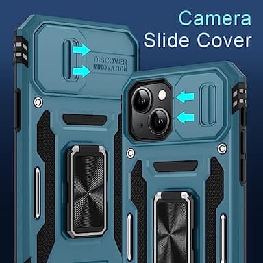 DEERLAMN Case for iPhone 13/iPhone 14 6.1-Inch with Slide Camera Cover+Screen Protector(2 Packs),Rotated Ring Kickstand Military Grade Shockproof Protective Cover-Light Blue - Image 3