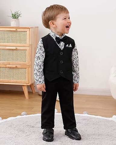 YALLET Baby Boy Clothes Suit 0-24 Months Infant Gentleman Outfits Formal Dress Shirt+Bowtie+Vest+Pants Set Baby Wedding Suits Black - Image 4