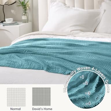 David's Home Soft Cooling Muslin Blanket Twin Size, 60% Rayon Derived from Bamboo 40% Cotton, Breathable Lightweight Cool Blanket for Hot Sleepers, 4-Layer Cozy Gauze for Bed, 66"x90", Teal - Image 3
