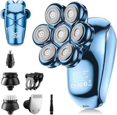 Detachable Head Shavers, SHPAVVER 5 in 1 Electric Razor IPX7 Waterproof for Bald Men, Wet Dry LED Display Rechargeable 7D Rotary Shaver Grooming Kit with Type C Charge A，Bright Blue - Image 1