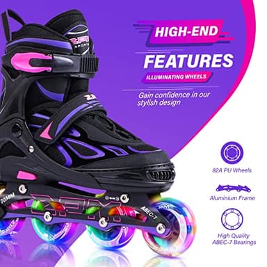 2PM SPORTS Vinal Girls Adjustable Inline Skates with Light up Wheels Beginner Skates Fun Illuminating Roller Skates for Kids Boys and Women Adults - Violet Medium(4-7 US) - Image 3