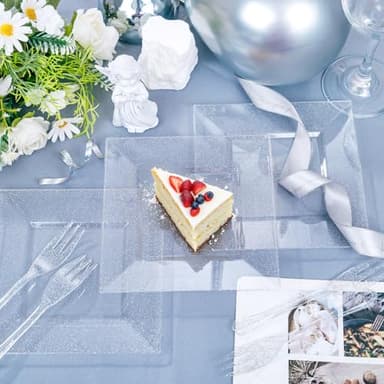 DaYammi 100Pcs Silver Dessert Plates Including 50Pcs Appetizer Plates 6",50Pcs Plastic Forks 5.7",Silver Glitter Plastic Square plate for Wedding,silver Salad plates and Cake Forks for Birthday Party - Image 8