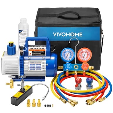 VIVOHOME 110V 1/3 HP 4CFM Single Stage Rotary Vane Air Vacuum Pump and R134a AC Manifold Gauge Set Kit with Leak Detector Carry Bag for HVAC Air Conditioning Refrigeration Recharging ETL Listed - Image 1