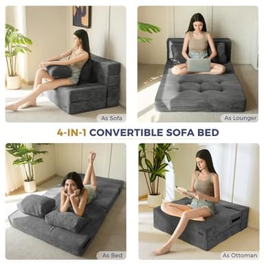 MAXYOYO Convertible Sofa Bed, Fold Out Sleeper Sofa with Pillow, 4 in 1 Tufted Folding Couch Bed Foam Floor Couch, Lazy Chair for Living Room Bedroom Guest Room, Dark Grey - Image 4