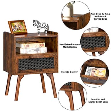 Lerliuo Rattan Nightstand, Boho Side Table with Drawer Open Shelf, Cane Accent Bedside End Table with Solid Wood Legs for Bedroom, Dorm and Small Spaces (Brown) - Image 6