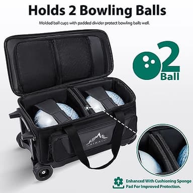 GoHimal Double Roller 2 Ball Bowling Bag with Separate Shoe Compartment for Bowling Shoes (Up To US Mens Size 15) and Oversized Accessory Pocket, Retractable Handle - Extends to 40" (Black) - Image 3