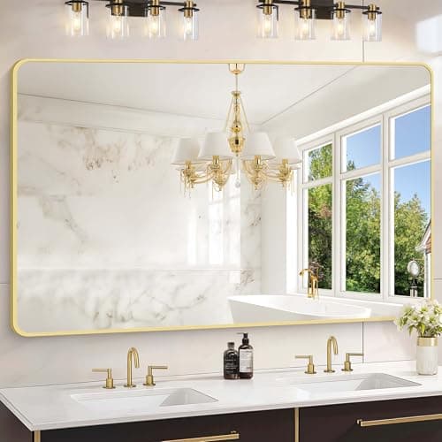 CIVENO 55"x36" Gold Bathroom Mirror, Large Rectangle Mirror, Rectangular Wall Mirror, Rounded Corner Vanity Mirror with Aluminum Metal Frame for Bathroom Bedroom Living Room Horizontal/Vertical - Image 1