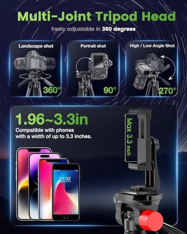 CAMBOFOTO 74"-Camera-Tripod, Porfessional Aluminum Heavy Duty Tripod Stand for Mirrorless Camera/DSLR/Cell Phone/Camcorder, with Holder and Travel Bag - Image 5