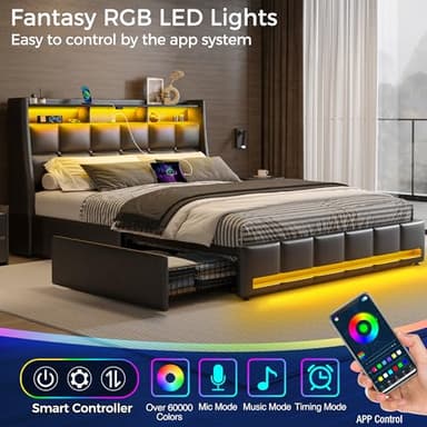 Rolanstar Full Size Bed Frame with LED Lights and Charging Station, PU Leather Bed Storage Headboard & Drawers, Heavy Duty Wood Slats, Easy Assembly, Black - Image 3