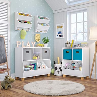 RiverRidge Catch-All Kids Toy Storage Organizer with 3 Cubbies and 2 Storage Bin Compartments - 35 Inch Wide White and 2 Gray Fabric Bins Kids Room Decor Toy Organizers and Bins - Image 4