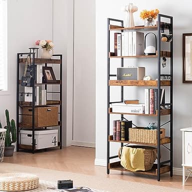 HCHQHS Adjustable 6 Tier Open Bookcase, Rustic Farmhouse Book Shelves, Industrial Wood and Black Metal Bookshelves, Mid Century Bookcase for Home Office Living Room Bedroom - Image 2