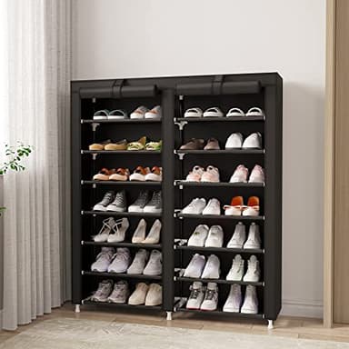 MOYIPIN Shoe Rack Storage Organizer, Double Row Portable Nonwoven Fabric Cover Shoe Rack Holds up to 28 Pairs 36.2 x 11.2 x49.2 Inches Black - Image 5