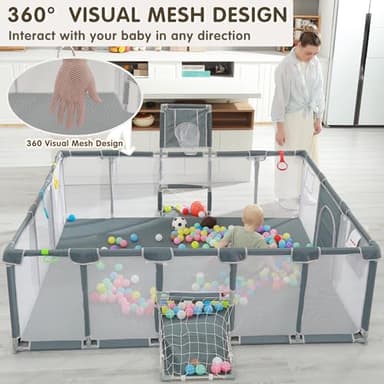 XNWQL Baby Playpen, 79"x71" Indoor ＆ Outdoor Playpen with Breathable Play Pen with Ocean Balls Hanging Pocket Basketball Hoop and Football Goal - Image 3