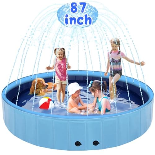 87" Large Dog Pool with Sprinkler, 2-in-1 Foldable Swimming Pool Non-Slip Hard Plastic Splash Sprinkler Kiddie Pool for Outdoor Backyard Kids Dogs Ducks and Pet Baths - Image 1