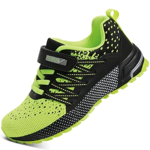 KUBUA Kids Sneakers for Boys Girls Running Tennis Shoes Lightweight Breathable Sport Athletic Black Green Size US 10 Toddler - Image 1