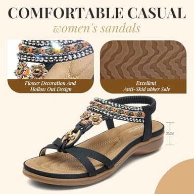 Littleplum Womens Sandals Arch Support Bohemian T-Strap Flower Rhinestone Sandals Women's Non Slip Summer Beach Flat Sandals Black Size 8.5 - Image 5