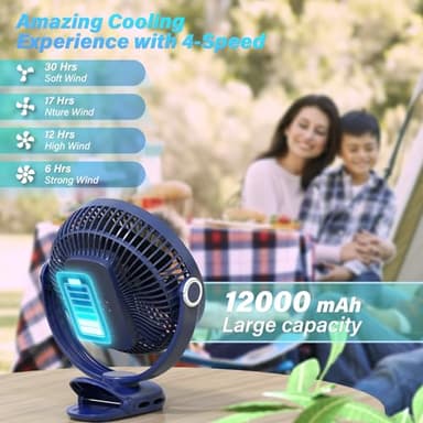 BIVBTP 12000mAh Clip on Fan 30H Longest Runtime, 8in Portable Fan Rechargeable, Ultra Quiet with Heavy-Duty Clamp, USB Desk Fans for Golf Cart,Office Desk, Treadmill, Camping, Bedroom - Image 2