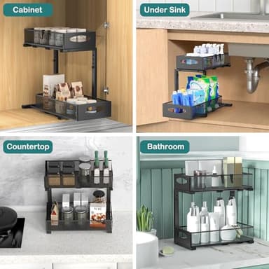 Housolution 2 Pack Under Sink Organizer, 2 Tier Metal Pull Out Under Sink Storage with Sliding Mesh Drawers, Height Adjustable Slide Out Under Sink Organizer for Kitchen Bathroom Cabinet, Black - Image 7