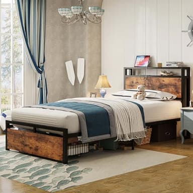 LIKIMIO Twin XL Bed Frames with Drawer, Storage Headboard with Outlets, No Box Spring Needed, Easy Assembly, Vintage Brown - Image 7