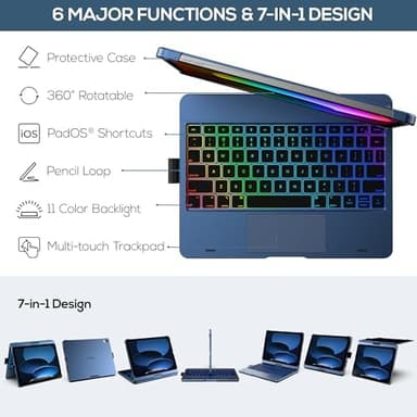 typecase Touch iPad 11th 10th Generation Case with Keyboard (11" 2025, A16 & 10.9" 2022) – 360° Rotatable, 11-Color Backlit, Multi-Touch Trackpad, Pencil Holder, Thin & Light – Midnight Blue - Image 6
