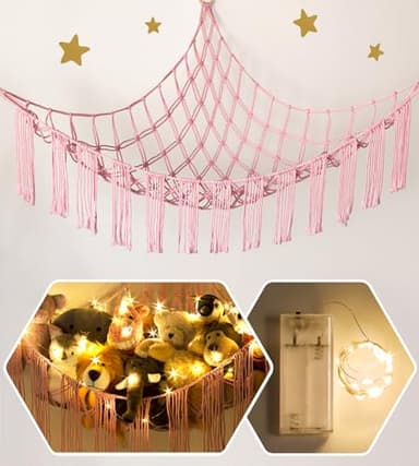 Stuffed Animal Hammock Corner Net with LED Light - Toy Storage Holder - Pink Cute Room Bedroom Decor for Teen Girls - Cute Bedroom Aesthetic Stuff for Baby Nursery Toddler Kids 8-10 - 12 Years Old - Image 1