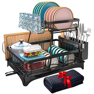 Godboat Dish Drying Rack, 2-Tier Dish Rack with Auto-Drain & Mat, Dish Racks for Kitchen Counter, Dish Drainer with Knife, Fork & Cup Rack, Gifts for Women, Mothers Day, Cool Stuff & Kitchen Gadgets - Image 1