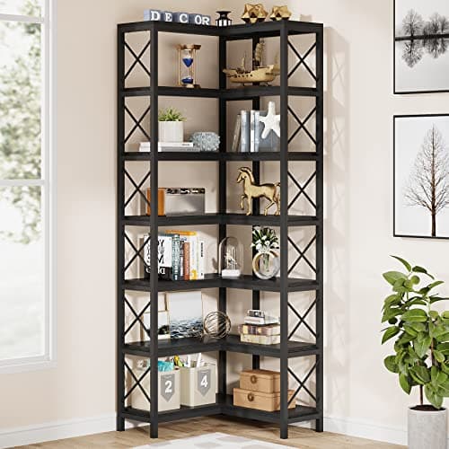 Tribesigns 7-Shelf Corner Bookshelf,Large Modern Corner Bookcase, 7-Tier Tall Corner Shelf Storage Display Rack with Metal Frame for Living Room Home Office (Black) - Image 1