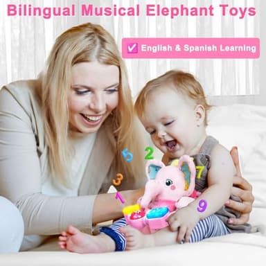 Holaxander Baby Elephant Musical Stuffed Animals Toy with Light-Up Music & Crinkle Sound Paper,Infant Bilingual Early Learning Education Toys,Tummy Time Toys for 0-3-6-12+ Months Boy Girl, Pink - Image 5