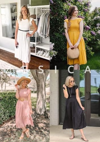 ZESICA Women's 2025 Summer Casual Flutter Short Sleeve Crew Neck Smocked Elastic Waist Tiered Midi Dress,Apricot,Medium - Image 7