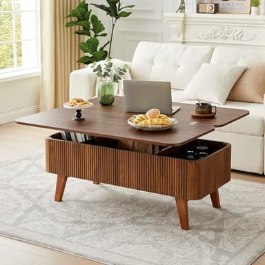 3 in 1 Lift Top Coffee Table, Fluted Convertible Coffee Tables Converts to Dining Tables, Modern Oval Wooden Center Table with Storage for Living Room Office Small Space, Partial Assembly (Walnut) - Image 1