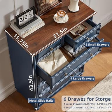 RWYHG Farmhouse 6 Drawer Dresser, 15.75" D x 31.5" W x 43.5" H Chest of Drawers for Bedroom, Blue Tall Dresser with 4 Solid Wood Feet, Wood Storage Dressers Organizer for Living Room Hallway Closet - Image 2